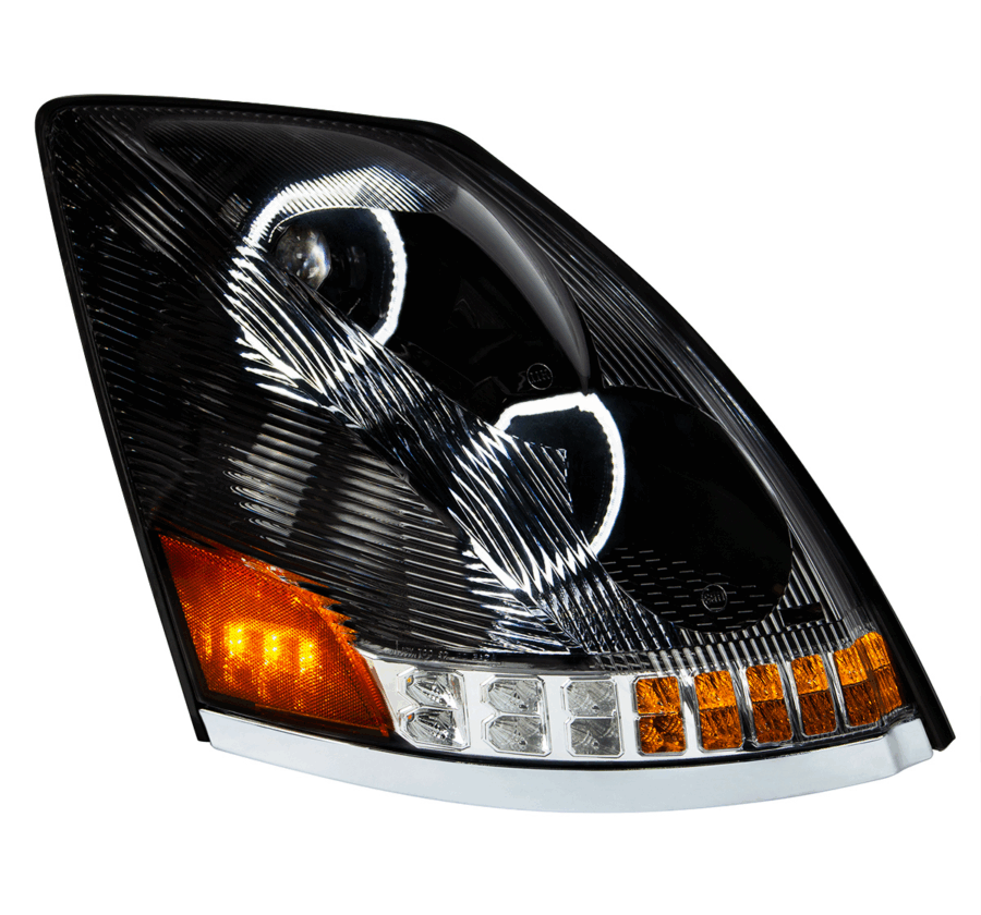 Volvo VN/VNL 2003–2017 LED Headlight w/ Halo & Sequential Turn Signal – Black Driver Side