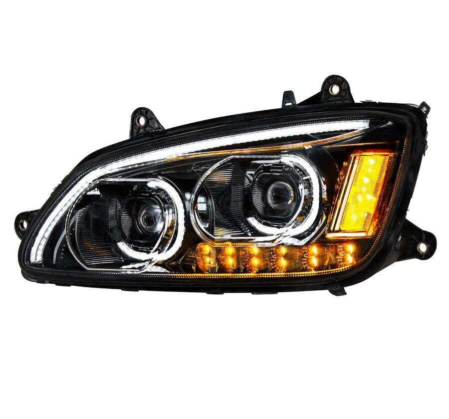 LED Headlight w/ Turn Signal & Light Bar Fits Kenworth T660 (2007–2017) Black- Driver