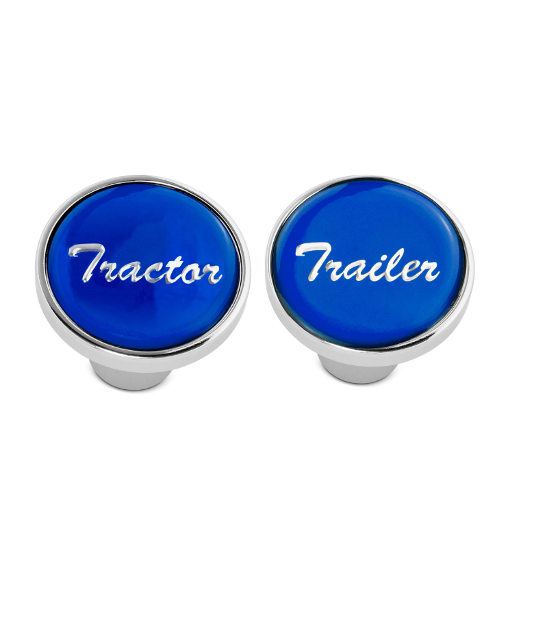 Tractor & Trailer Chrome Air Valve Knobs w/ Glossy Blue Stickers – Screw-On Set
