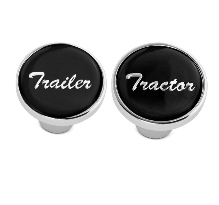 Tractor & Trailer Chrome Air Valve Knobs w/ Glossy Black Stickers – Screw-On Set