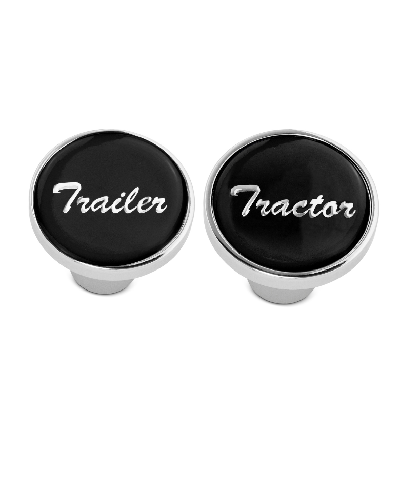 Tractor & Trailer Chrome Air Valve Knobs w/ Glossy Black Stickers – Screw-On Set