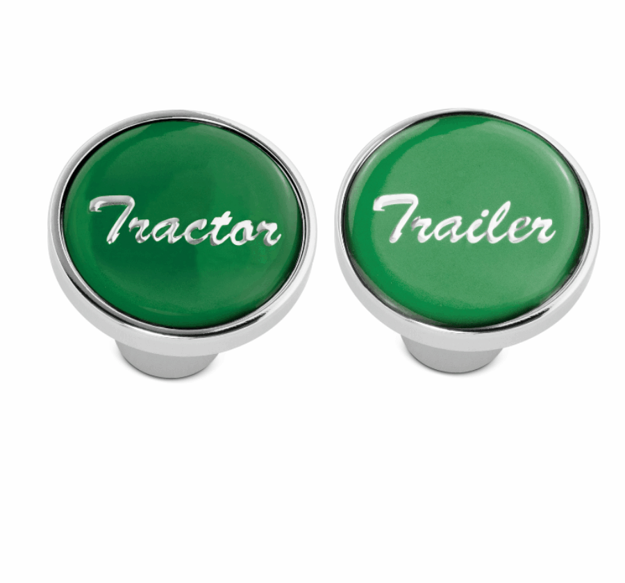 Tractor & Trailer Chrome Air Valve Knobs w/ Glossy Green Stickers – Screw-On Set