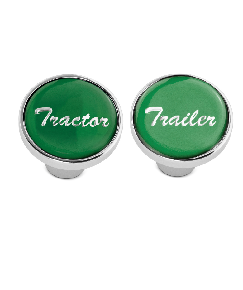 Tractor & Trailer Chrome Air Valve Knobs w/ Glossy Green Stickers – Screw-On Set