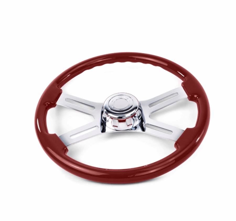 18″ Maroon Wood Steering Wheel with 4 Chrome Spokes