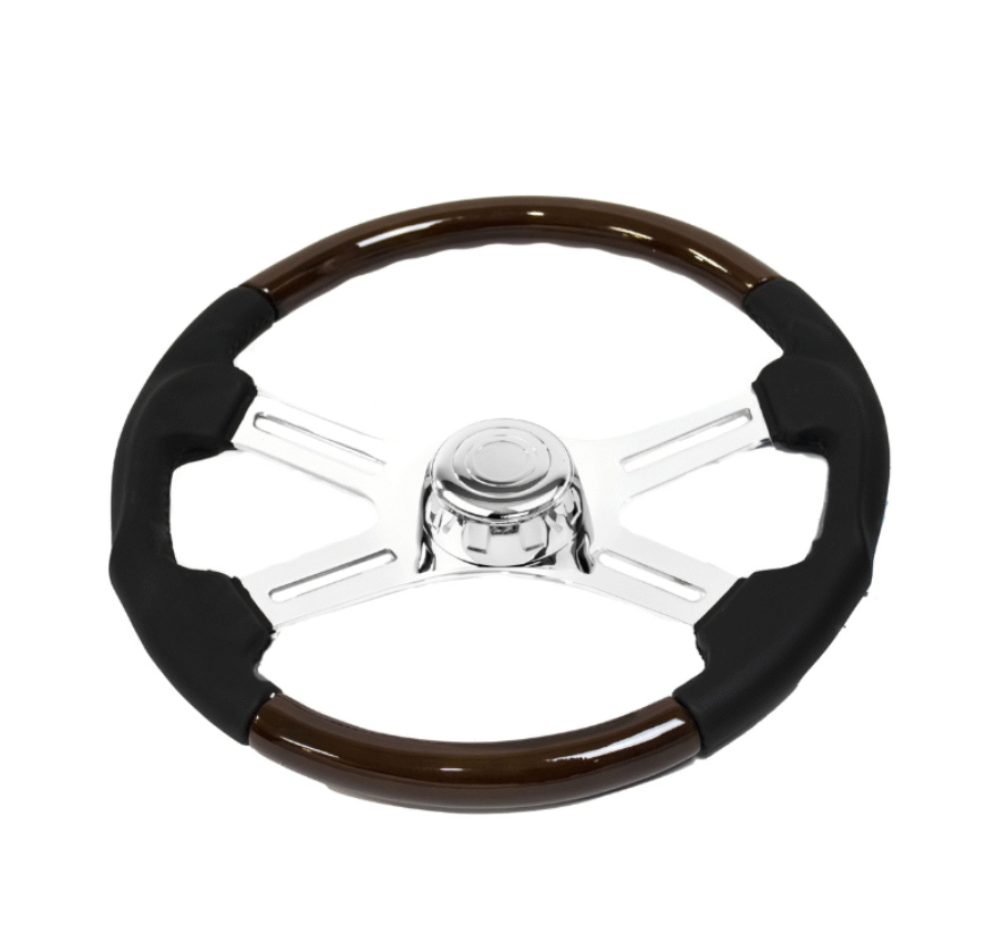 18″ Wood & Leather Steering Wheel w/ 4 Chrome Spokes