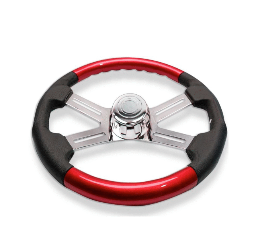 18″ Red Wood & Leather Steering Wheel w/ 4 Chrome Spokes