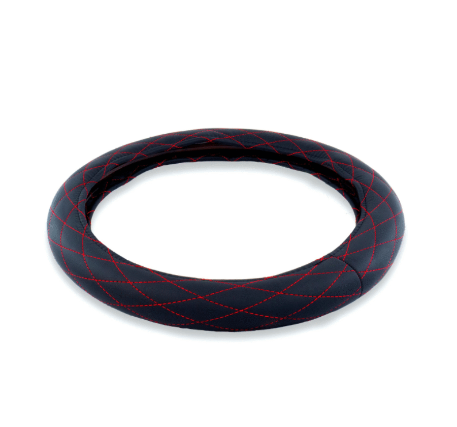 18″ Black Diamond Steering Wheel Cover – Red Stitching